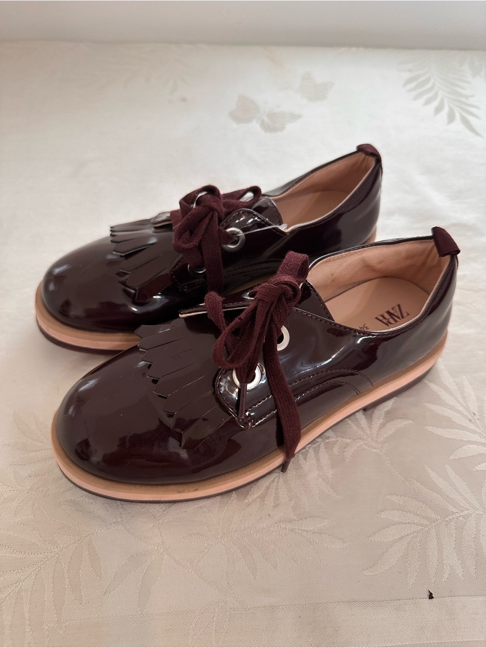 Zara Girls' Burgundy Patent Kiltie Lace-Up Shoes with Tassel Fringe